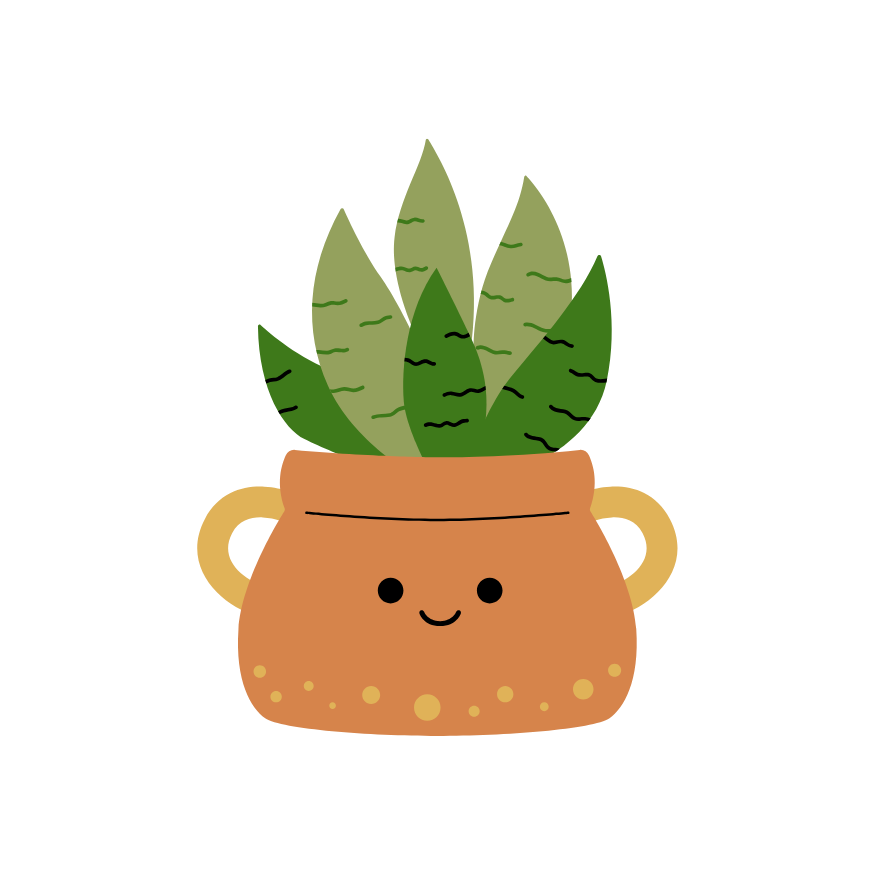 A cartoon illustration of a potted plant with a smiling face.