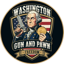 Washington holding a pistol and a gold coin, logo for "Washington Gun and Pawn," with the US flag.