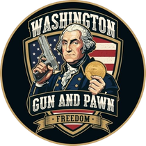 Washington holding a pistol and a gold coin, logo for "Washington Gun and Pawn," with the US flag.