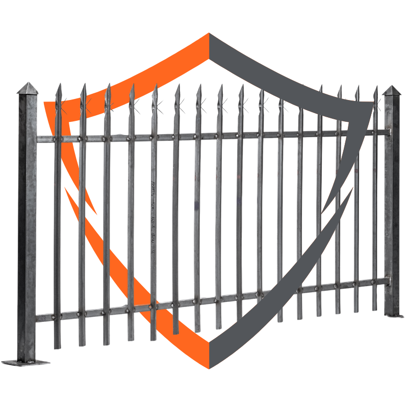 a metal fence with a shield in the middle of it .