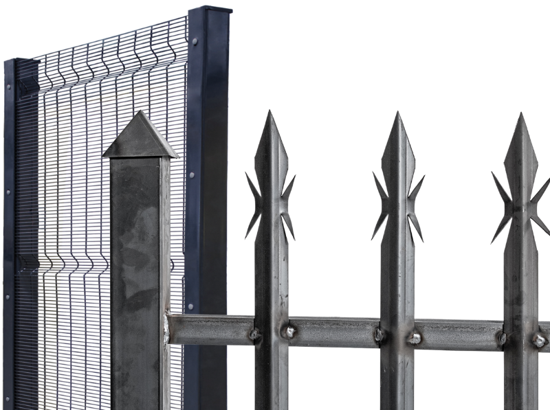 a close-up of a metal fence with spikes on it and a section of a De-Fence fence