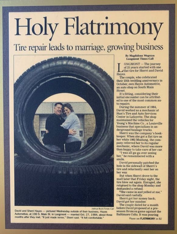 The Times-Call Newspaper Article hung up on wall showing our history with Sherri and Dave Hayes | Hayes Automotive