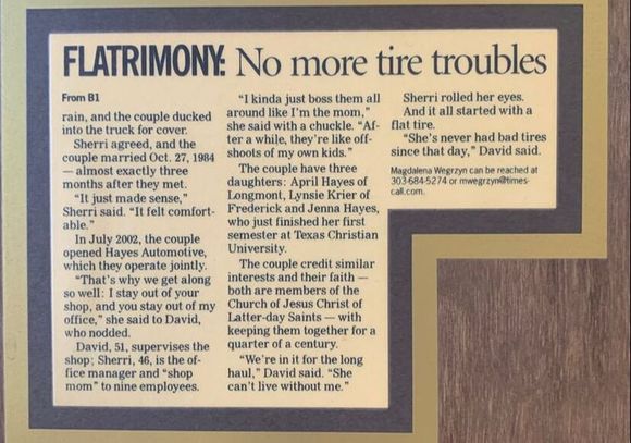 The Times-Call Newspaper Article hung up on wall showing our history with Sherri and Dave Hayes | Hayes Automotive