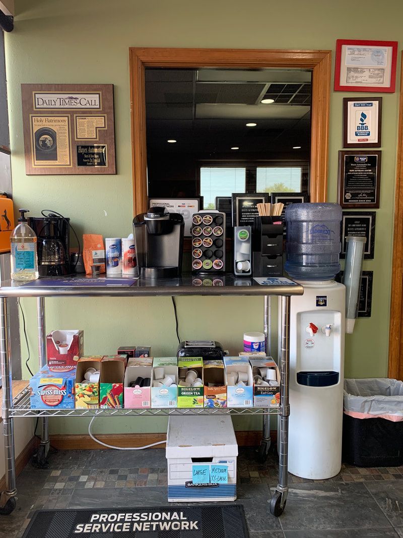 Beverages and Snacks inside of our shop in Longmont, CO | Hayes Automotive