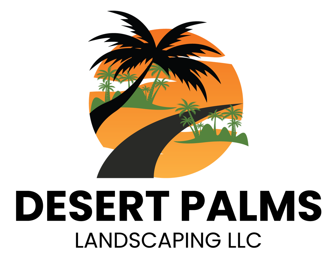 Desert Palms Landscaping LLC logo with palm trees, desert sunset, and winding road