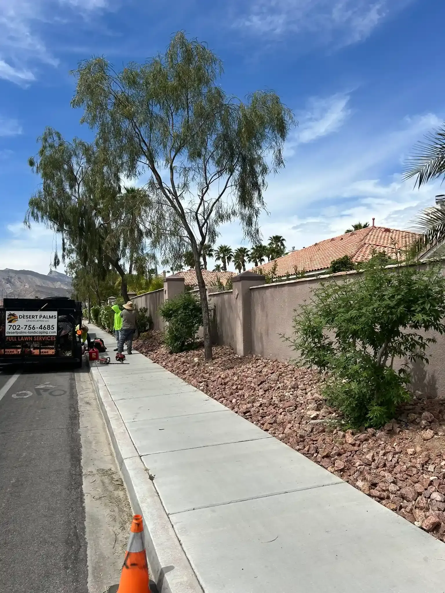 Sidewalk beside a stucco wall with trees, parked van, and construction cones under a blue sky