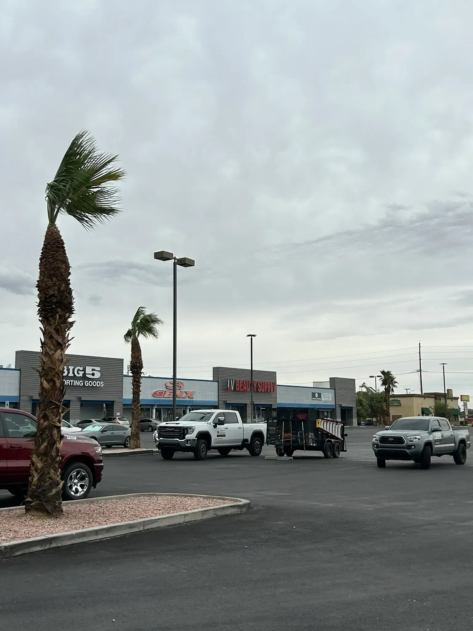 Parking lot with parked trucks and storefronts under a cloudy sky; palm trees in the foreground.