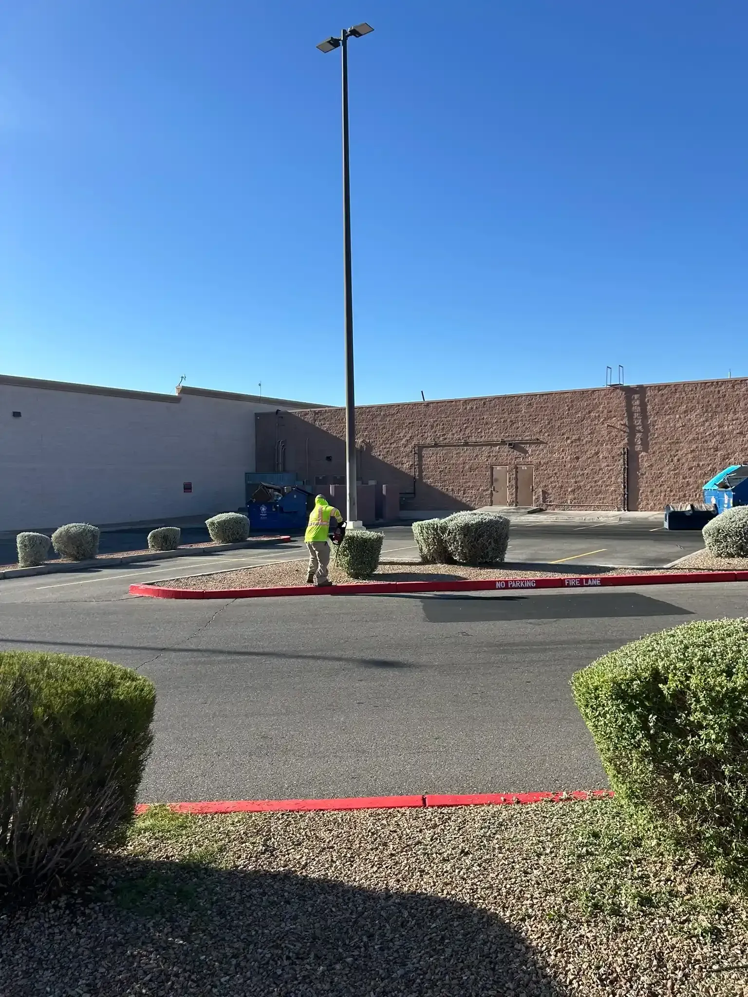 Parking lot with a tall light pole, low buildings, shrubs, and a brick wall under a clear blue sky.