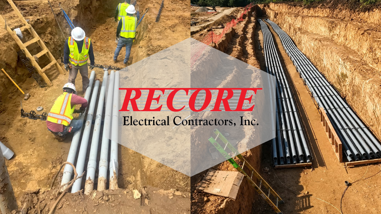 Utility workers beside stacked conduit pipes at a trench construction site with RECORE logo overlay