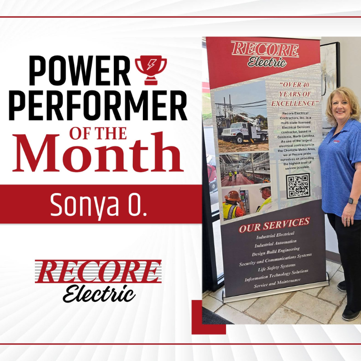 Power Performer of the Month poster for Sonya O. beside a Recore Electric banner with her photo