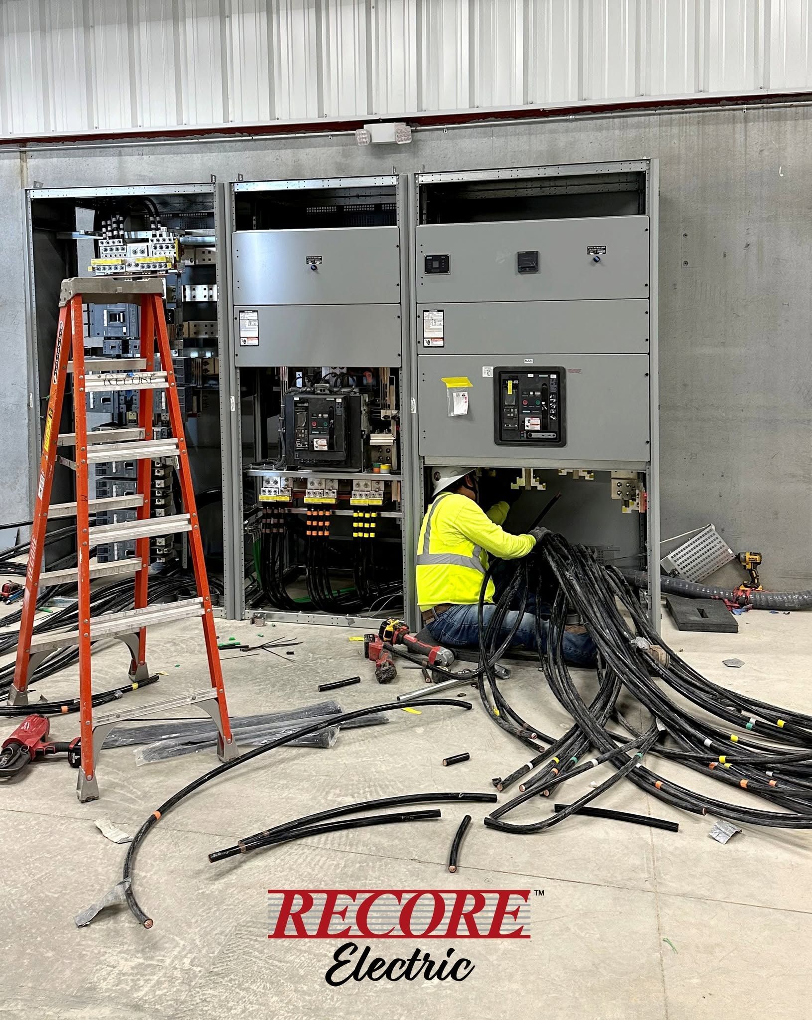 Technician in yellow jacket wiring electrical panels beside orange ladder and cable bundles in a garage