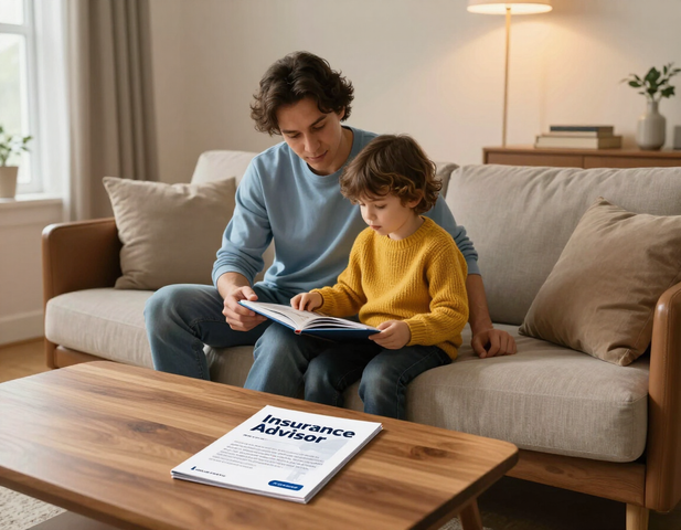 Parent and child at home with an insurance brochure on the table