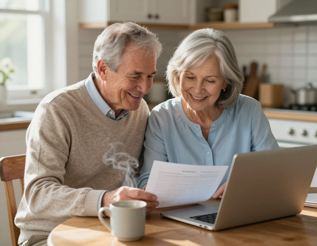 Older couple reviewing paperwork together at a kitchen table