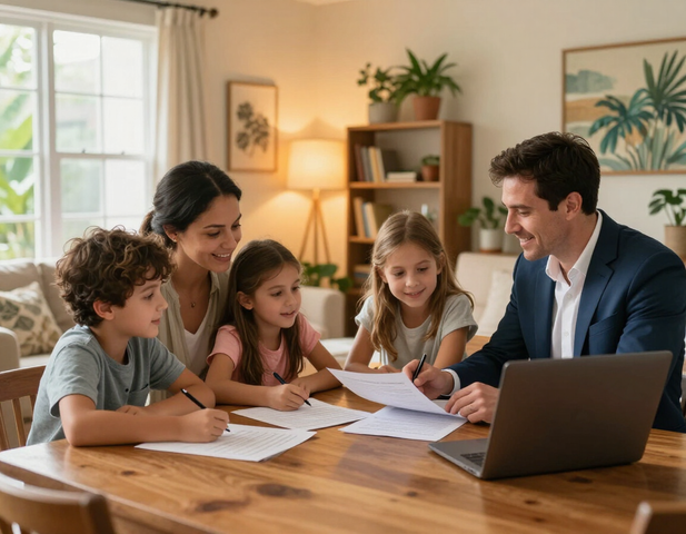 Family reviewing paperwork with an advisor
