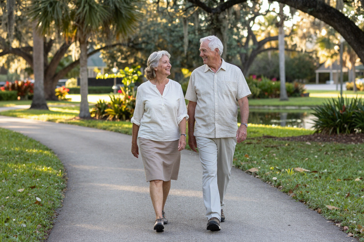 Smiling couple walking in a park