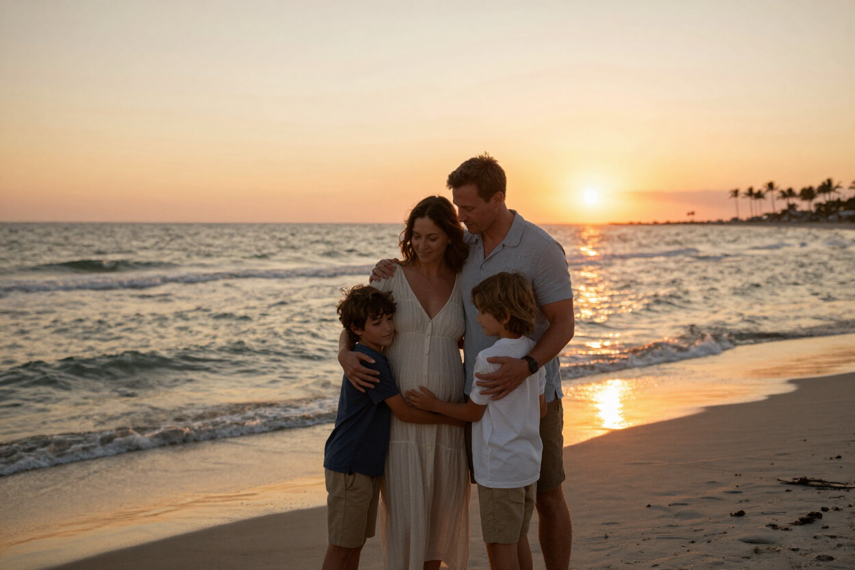 Family hugging on a Florida beach