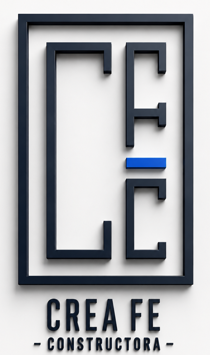 Black and blue abstract logo reading &ldquo;CREAFE&rdquo; with &ldquo;CONSTRUCTION&rdquo; below on a white background