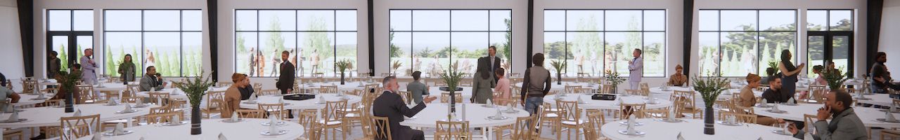 Bright dining room with guests seated at tables in front of large windows and white table settings