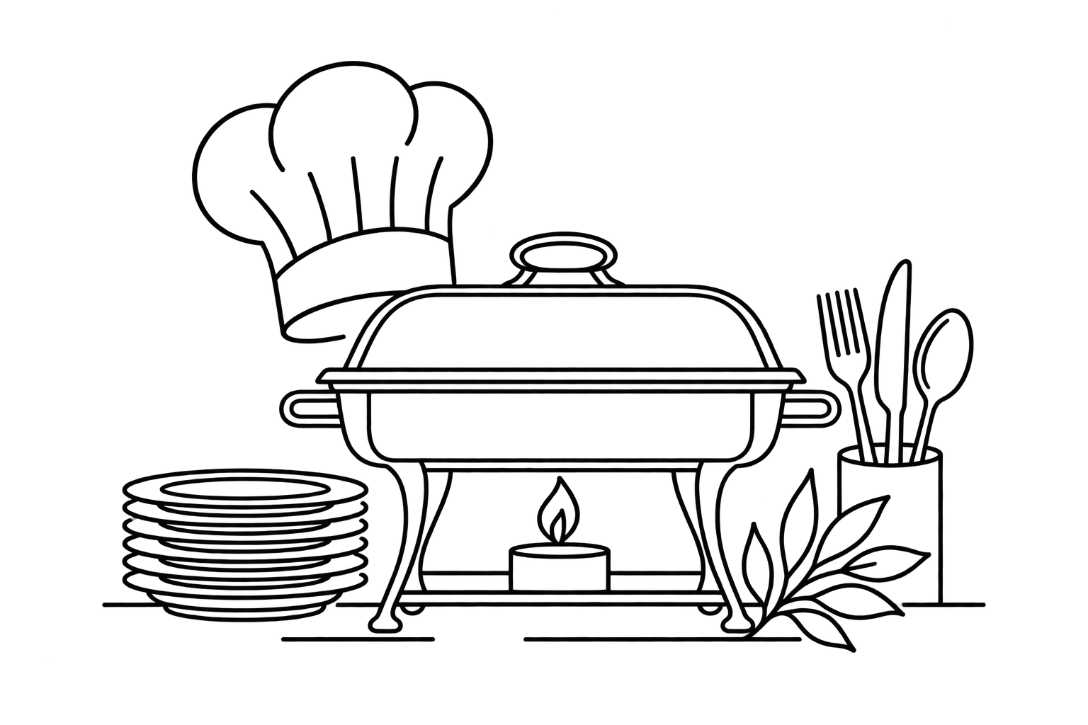 Buffet with cloche, chef hat, stacked plates, utensils, and candle in black-and-white line art