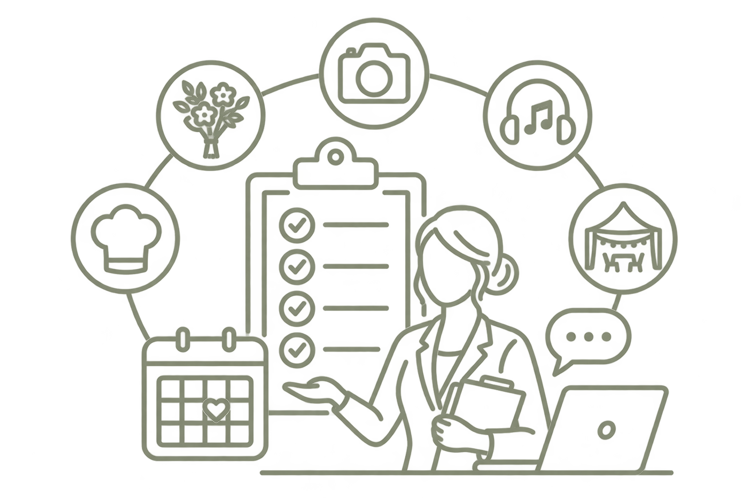 Line-art person with laptop beside a checklist, calendar, and icons for camera, music, food, and a chat bubble.