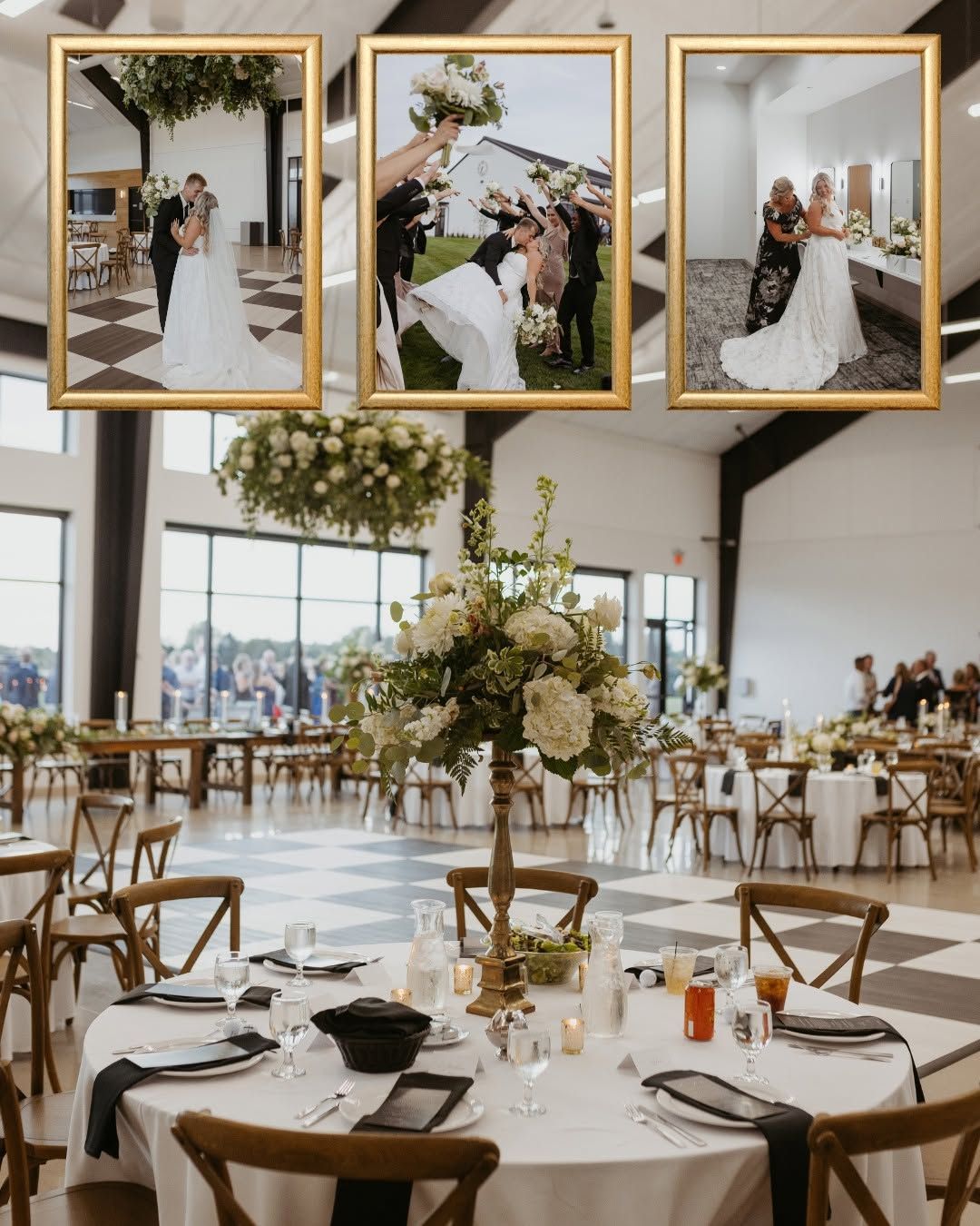 Wedding reception hall with floral centerpieces, set tables, and three framed ceremony photos above