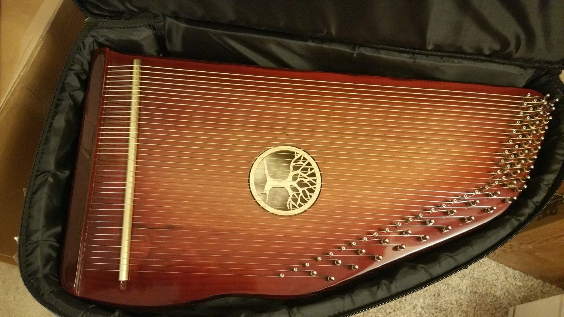 A harp is sitting in a black case on the floor.