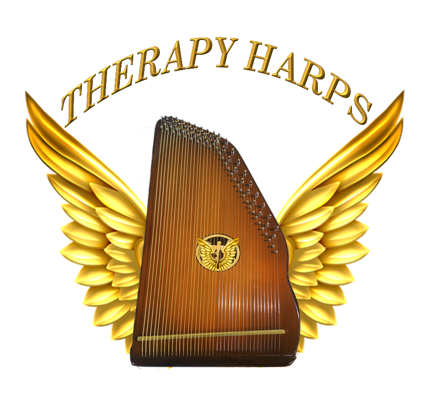 A logo for therapy harps shows a harp with golden wings