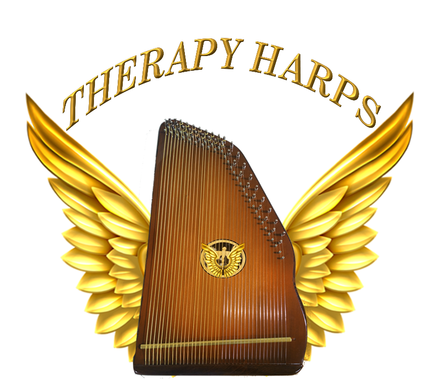A logo for therapy harps shows a harp with gold wings