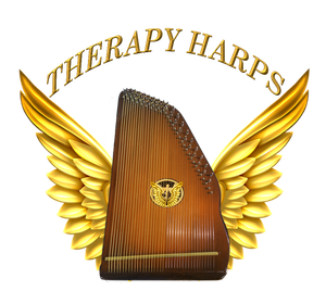 A logo for therapy harps shows a harp with gold wings