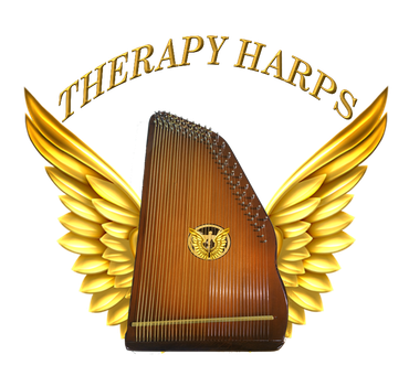 A logo for therapy harps shows a harp with gold wings