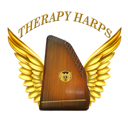 A logo for therapy harps shows a harp with gold wings
