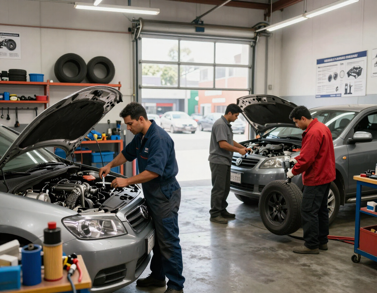 taller mecánico con autos y refacciones