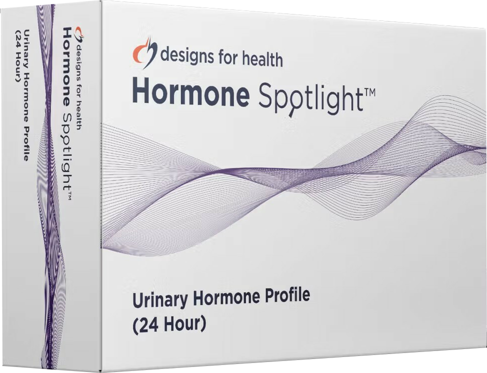 Hormone Spotlight Urinary Hormone Profile (24 Hour) test kit box, white with purple wave design