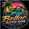 Bello’s Auto Spa logo with palm tree, orange car, and teal sunset in a bold tropical style