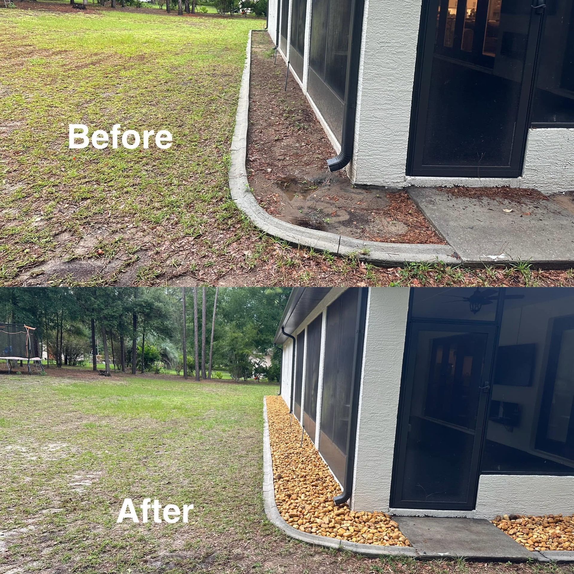 Before-and-after of a house corner: bare ground changed to a neat gravel border with edging.