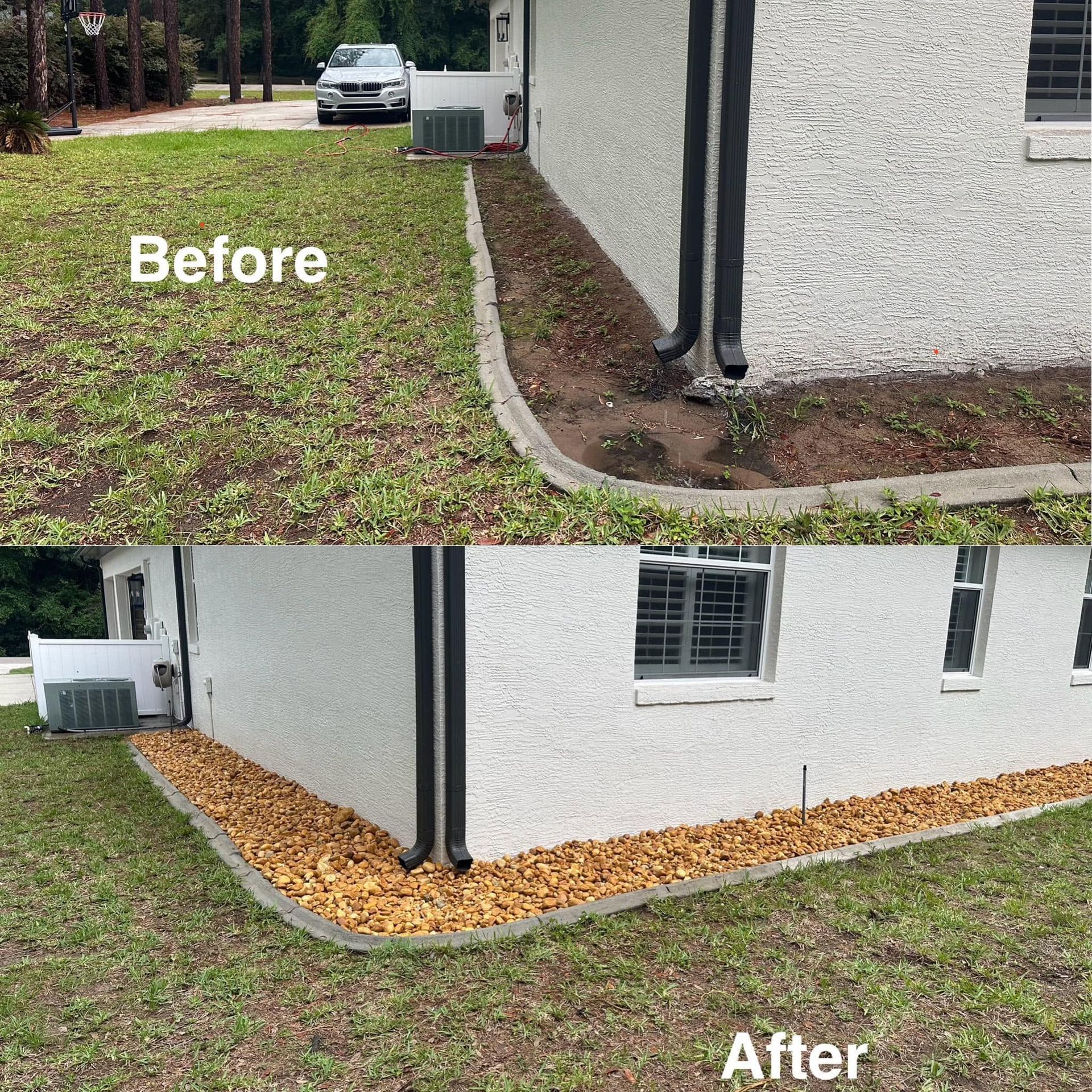 Before-and-after of a house corner with grass replaced by orange mulch along the foundation.