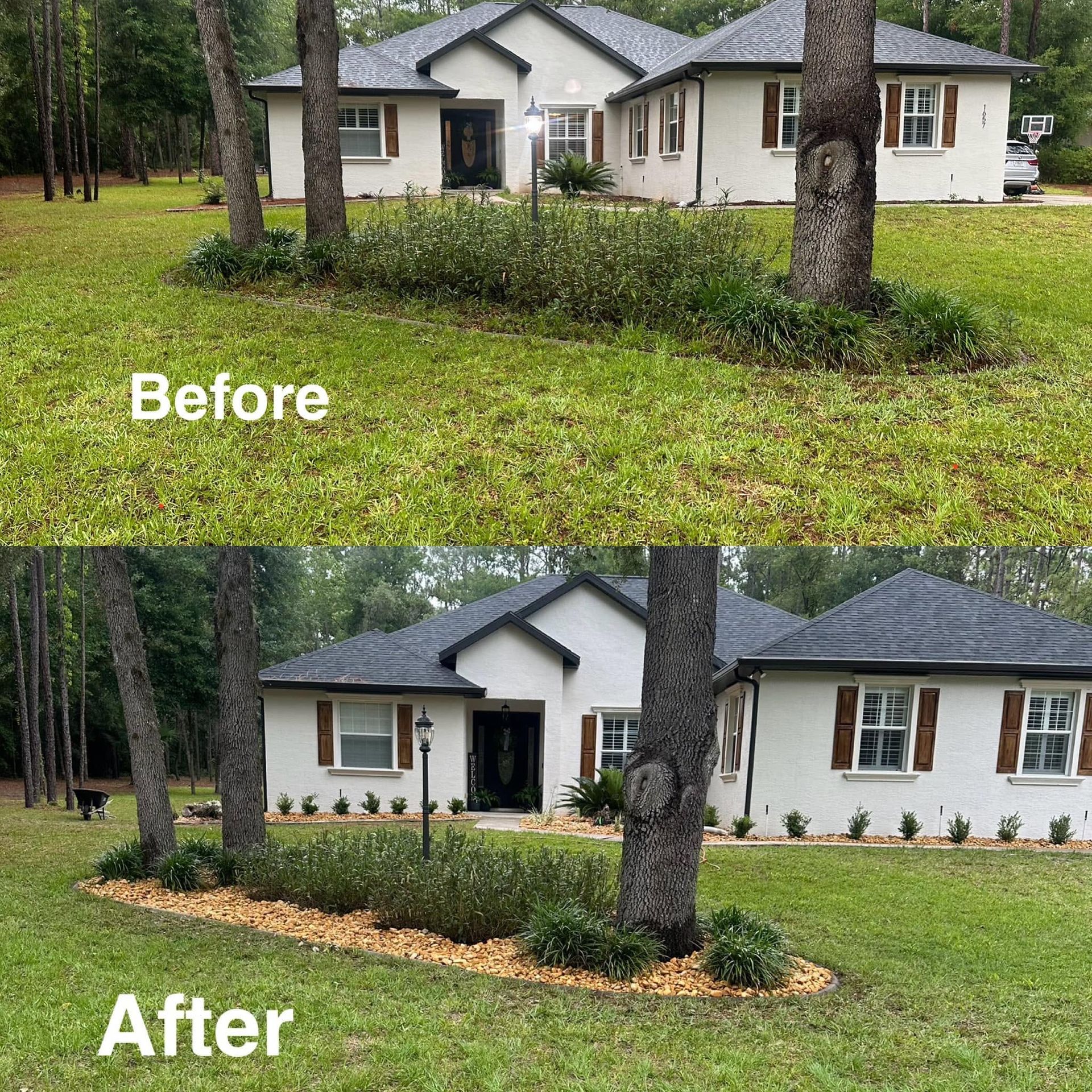 Before-and-after view of a house with a freshly landscaped front yard and trimmed shrubs.