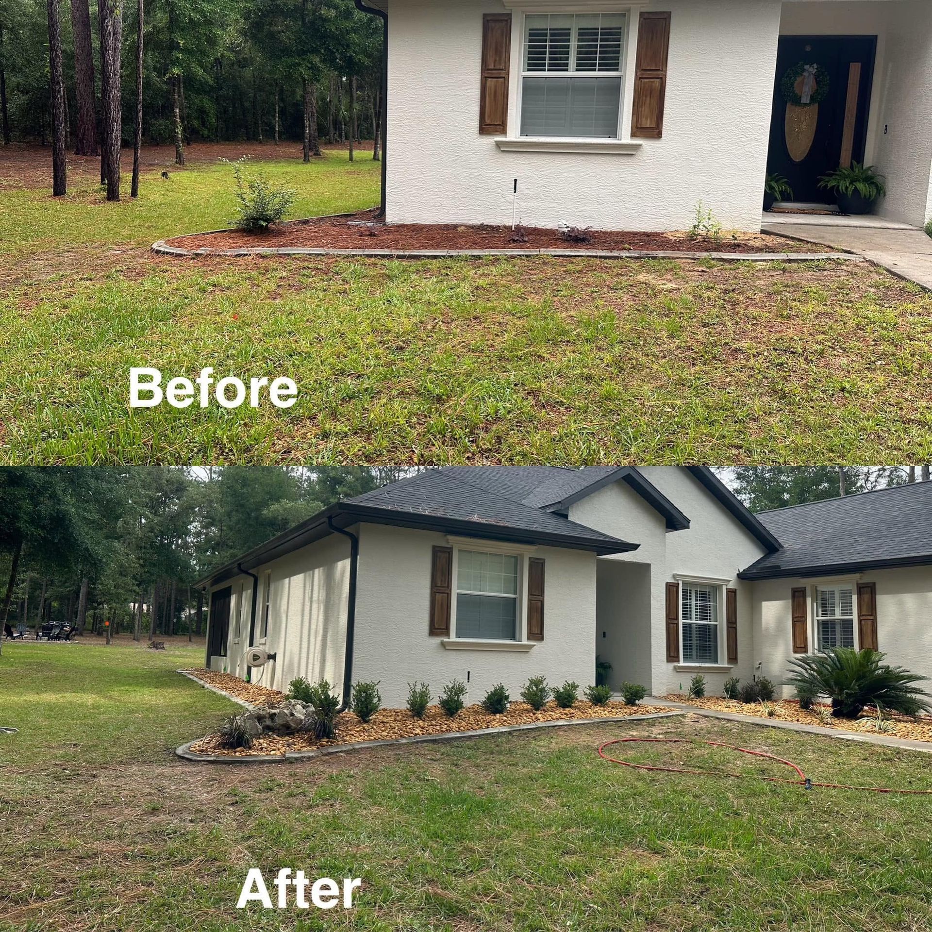 Before-and-after of a house yard landscaping renovation, showing added shrubs and a dark roof update.