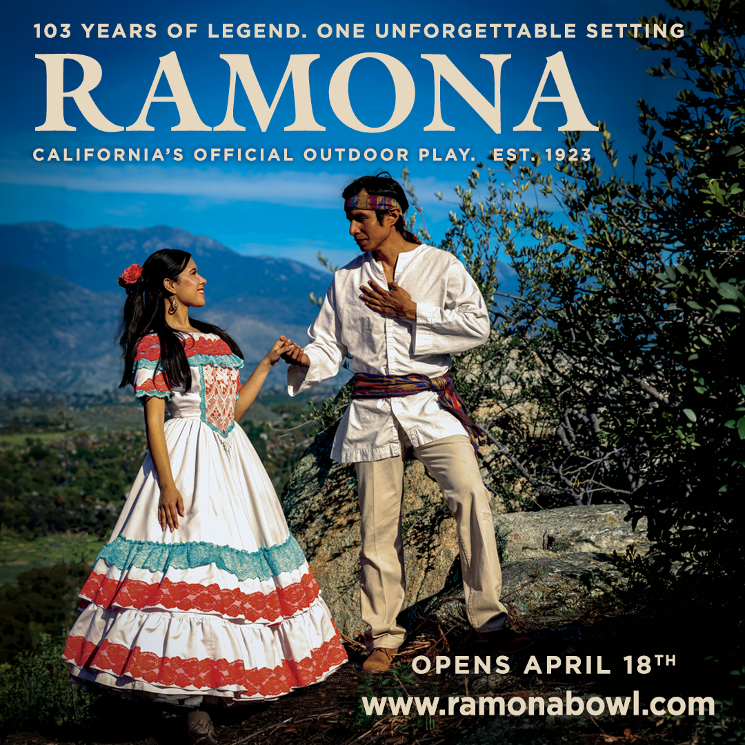Ramona poster with a couple in period dress in a desert landscape, opening April 18th.
