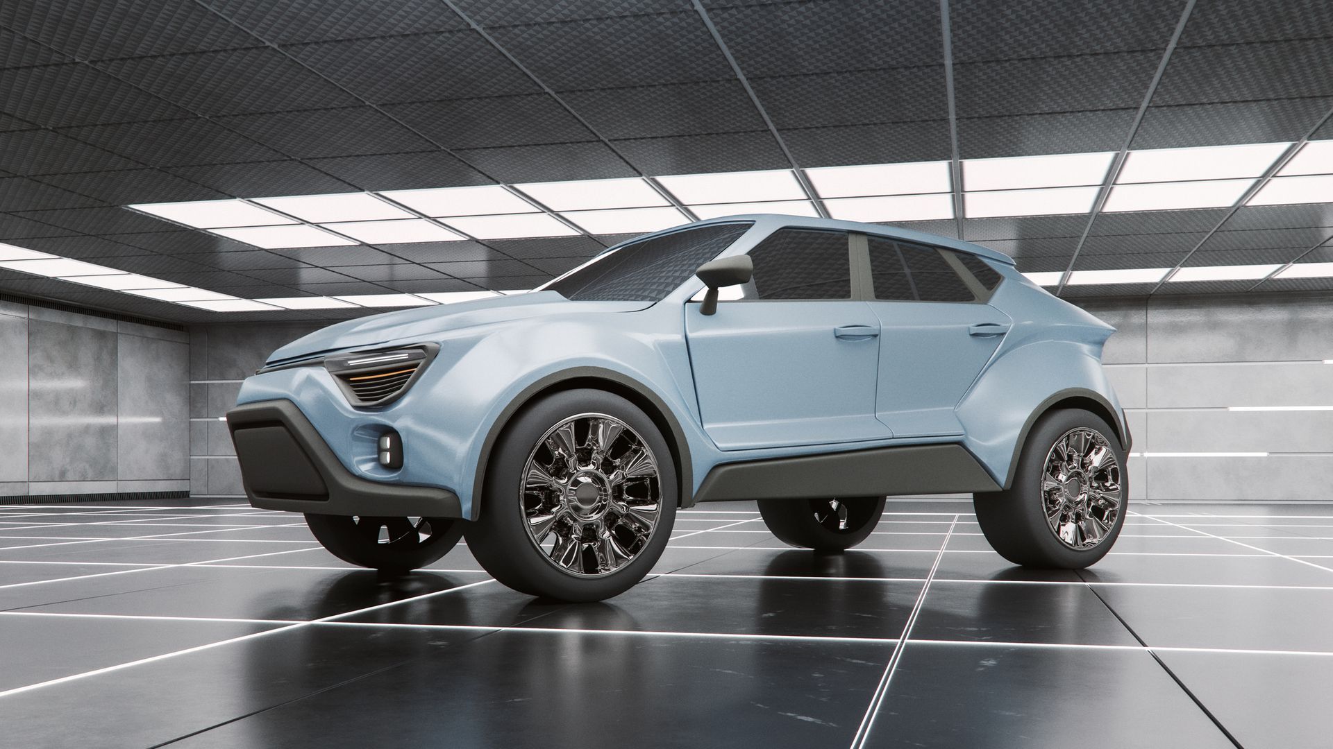 Light blue SUV with black trim, parked inside a modern industrial garage.