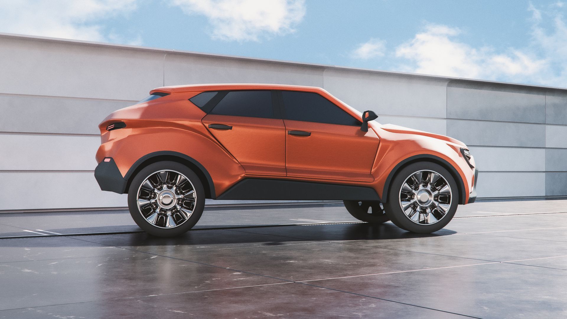 Orange SUV on a reflective surface; against a white wall, with a blue sky visible.