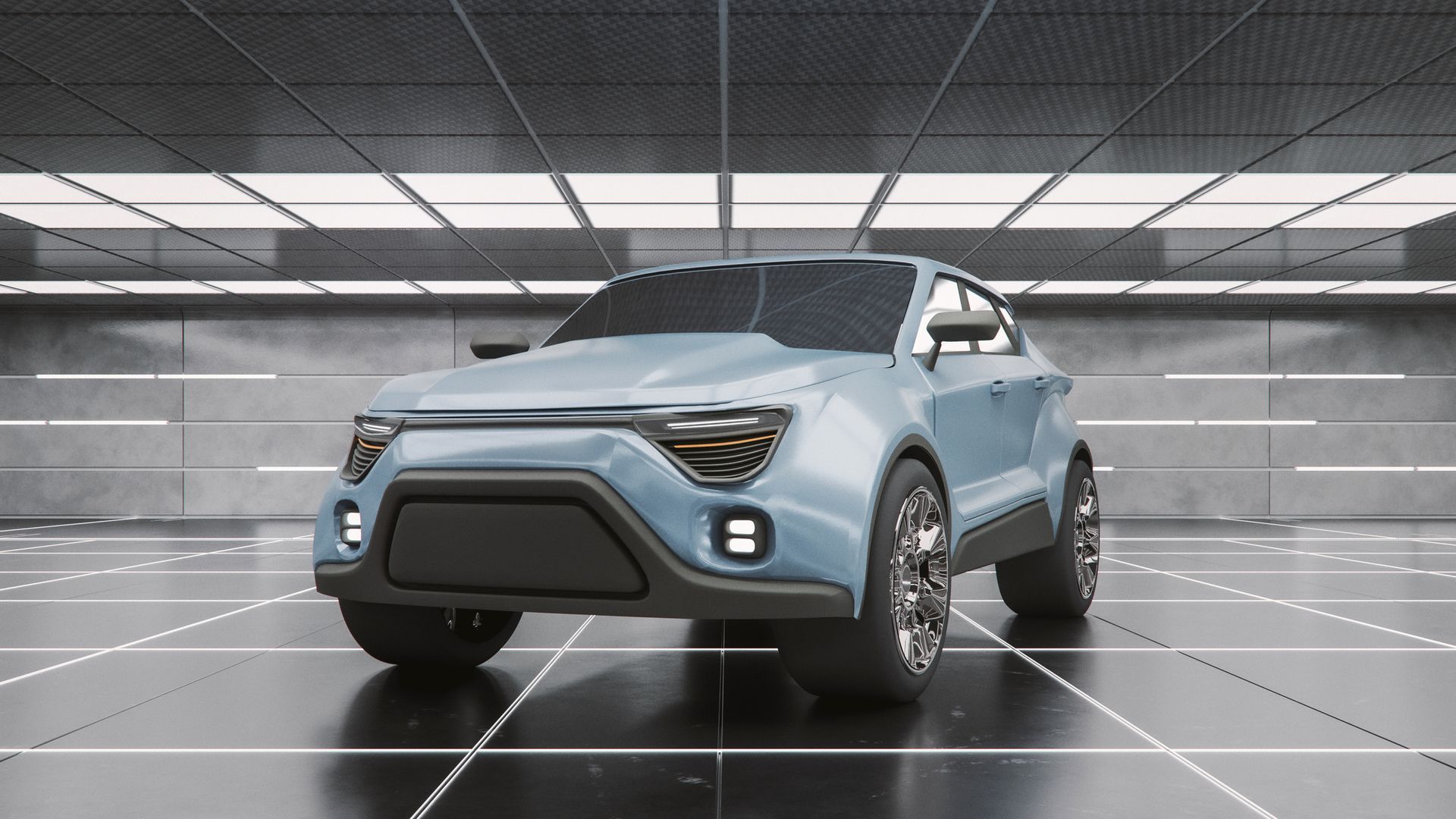 Blue SUV in a modern garage with bright lights.