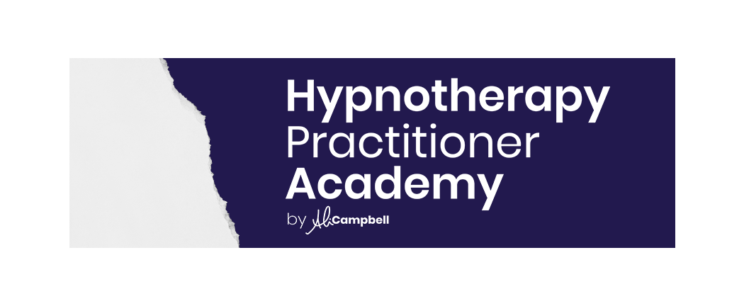 Hypnotherapy Practitioner Academy logo on a dark purple banner with white text and a white left edge