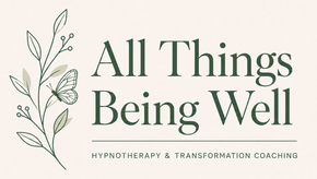 Logo for “All Things Being Well” in muted green with botanical line art and “Hypnotherapy & Transformation Coaching” tagline