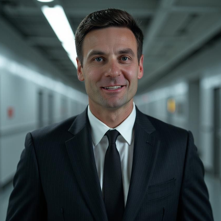 Man in a black suit standing in a blurred hallway, smiling at the camera.