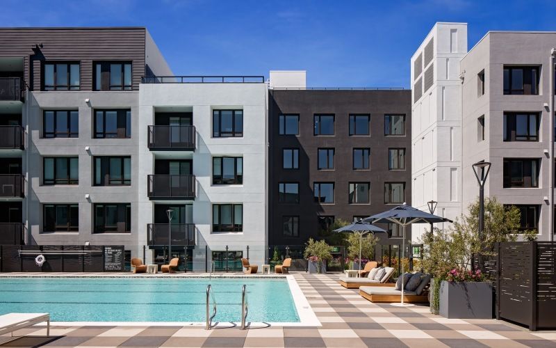 Modern apartment complex courtyard with a rectangular pool, lounge chairs, and umbrellas at Sofia, offers pet-friendly apartments in Santa Clara.