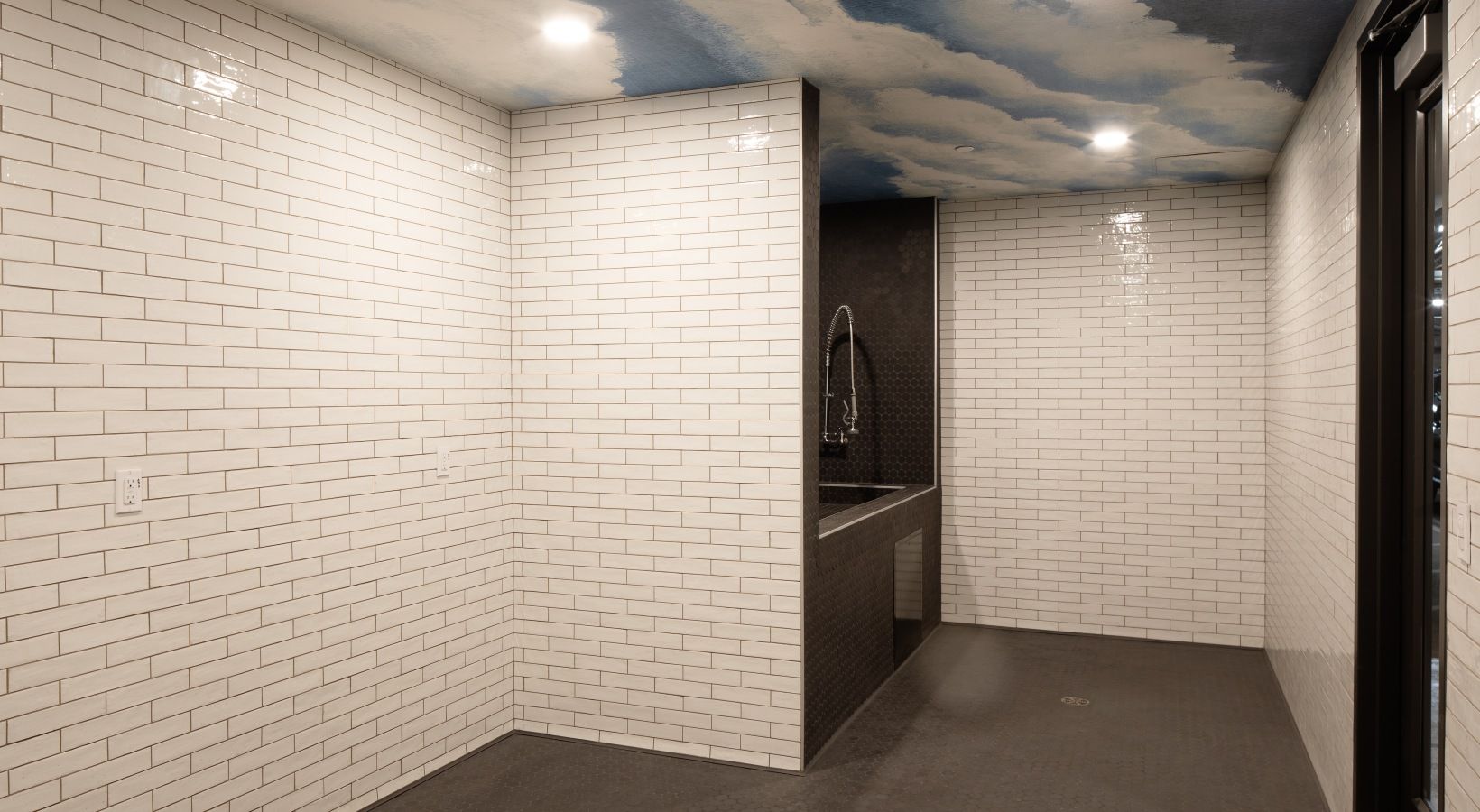 Pet wash area with white subway tile walls and a dark divider at Sofia, offers pet-friendly apartments in Santa Clara, CA.