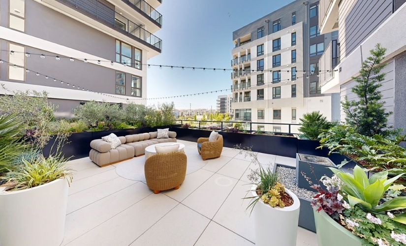 Rooftop communal terrace with seating, planters, and string lights between modern apartment buildings at Sofia, offers pet-friendly apartments in Santa Clara.