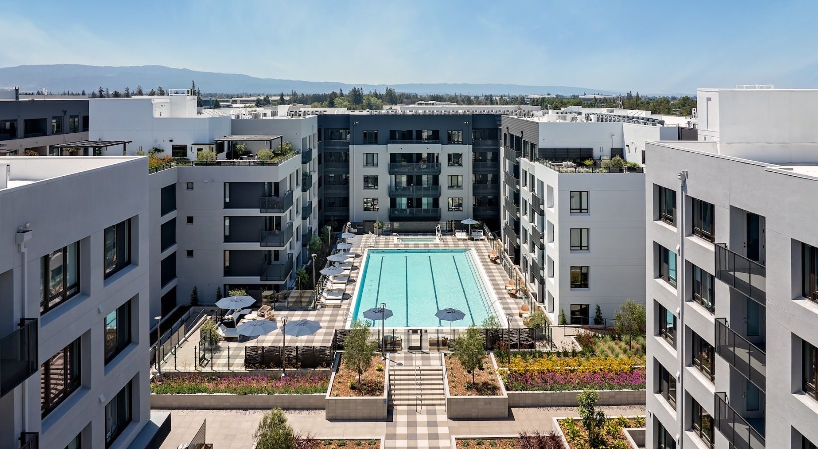 Aerial view of a modern apartment complex with a rectangular pool and surrounding lounge areas at Sofia, offers apartments for rent in Santa Clara, CA.