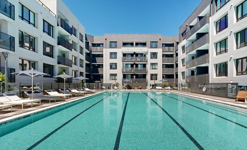 Outdoor pool area surrounded by modern apartment buildings with lounge chairs and umbrellas at Sofia, offers pet-friendly apartments in Santa Clara.